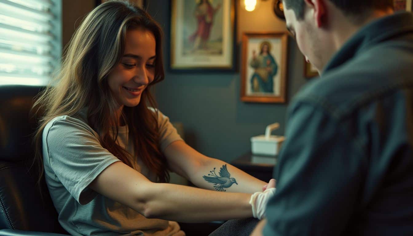 A young woman getting a dove tattoo in a cozy, religious-themed tattoo studio.