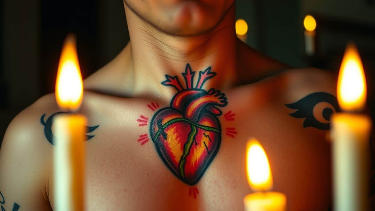 A close-up photo of a colorful Sacred Heart tattoo on a person's chest in dim lighting.