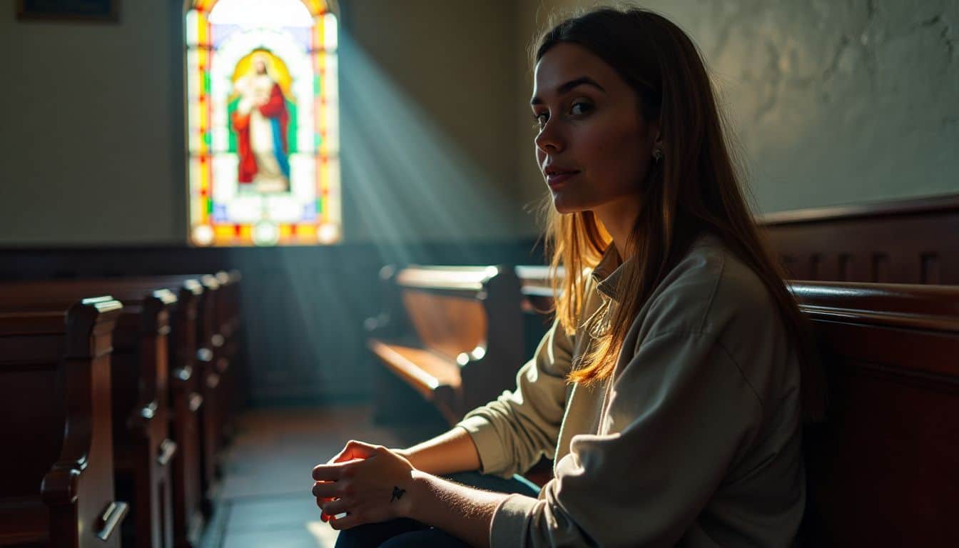 A person with a medium build sits in a chapel, with a small Catholic tattoo visible on their wrist.