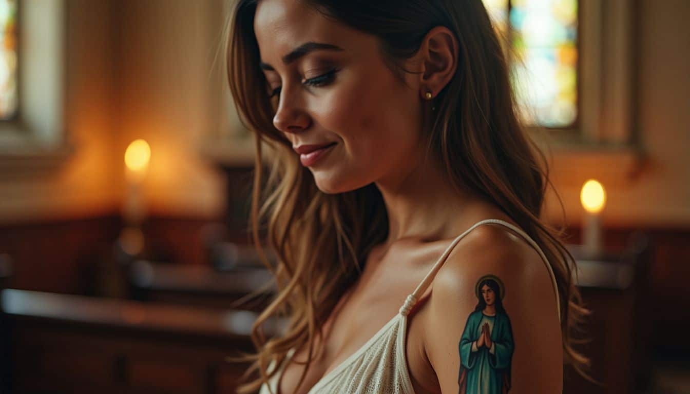 The image depicts a woman with a Virgin Mary tattoo in a church.