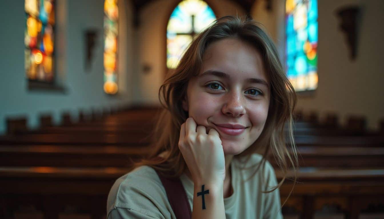 A casual photo of a young person with a small cross tattoo in a dimly lit church.