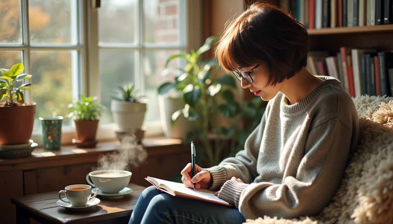 A person writing in a cozy, book-filled room with a cup of tea.