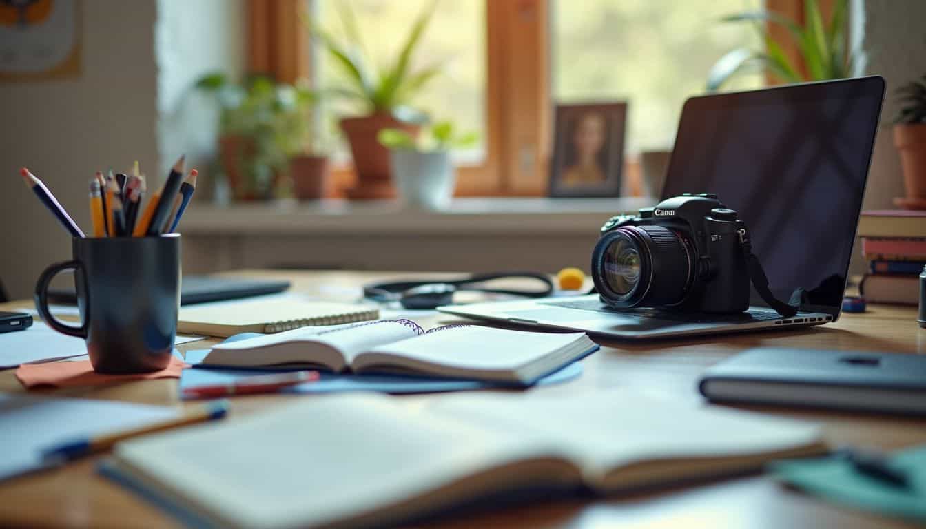 A cluttered desk with a laptop, open notebooks, and scattered stationery.