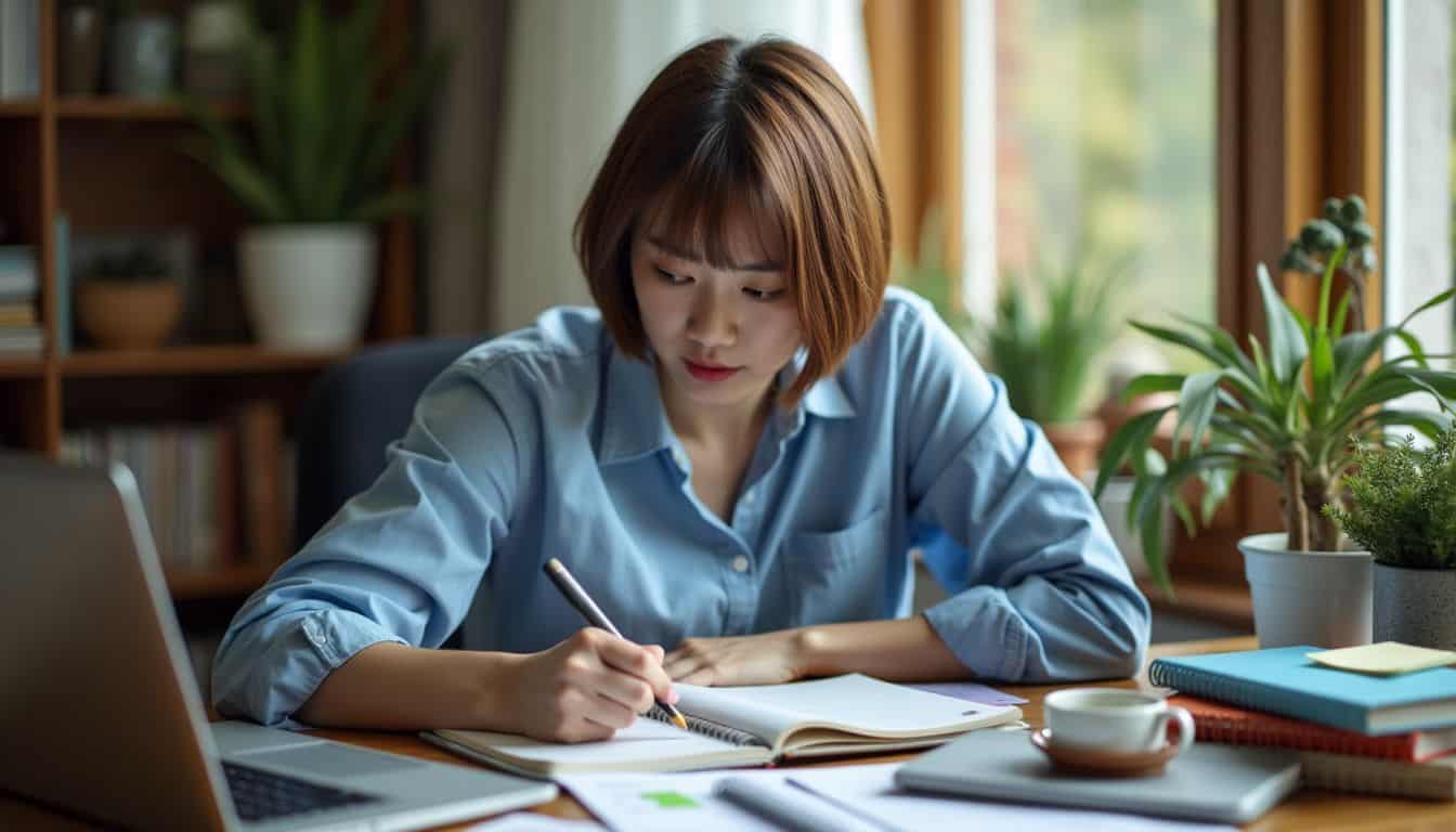 A person seated at a cluttered desk, working and breaking tasks into manageable steps.