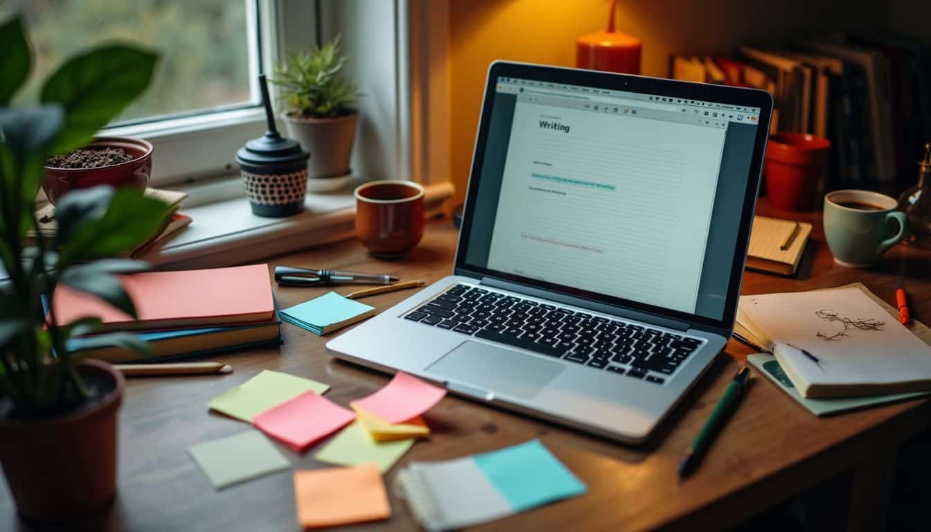 A cluttered desk with open laptop, notebooks, and coffee.