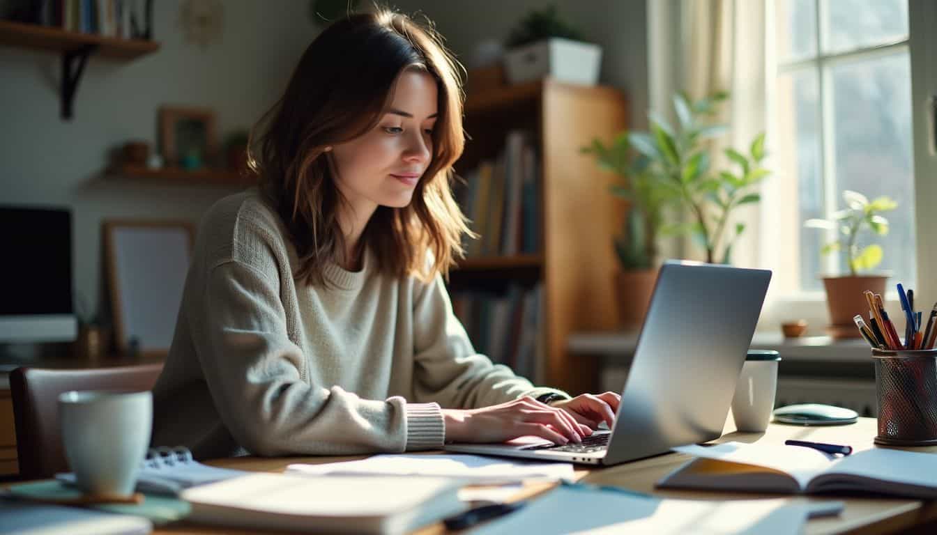 A woman in her 30s focuses on writing at a cluttered desk.