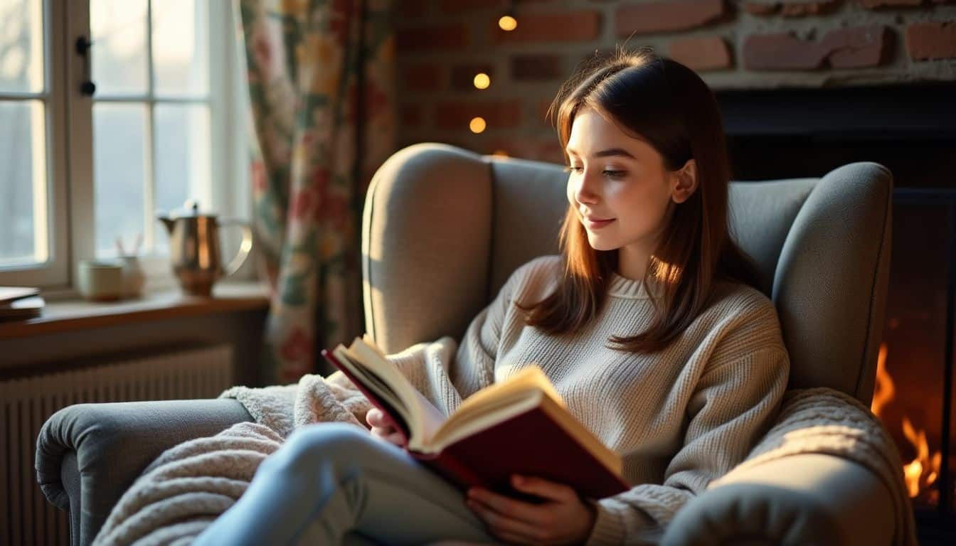 A woman sits in a chair, reading a book and drinking tea.