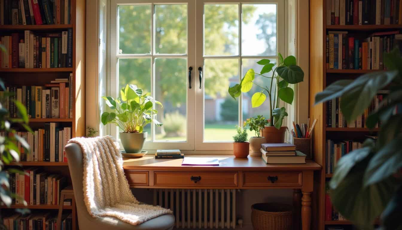 A cozy writing nook with a wooden desk, bookshelves, and natural elements.