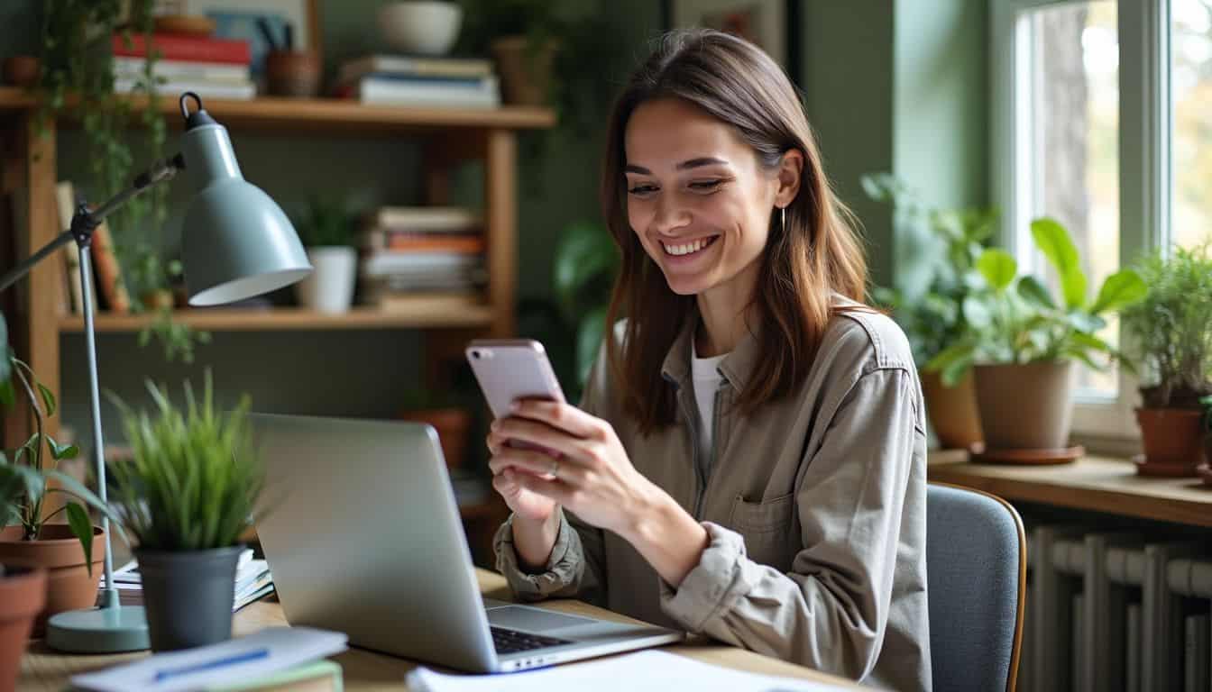 A woman in her 30s using speech-to-text technology at a cluttered desk.