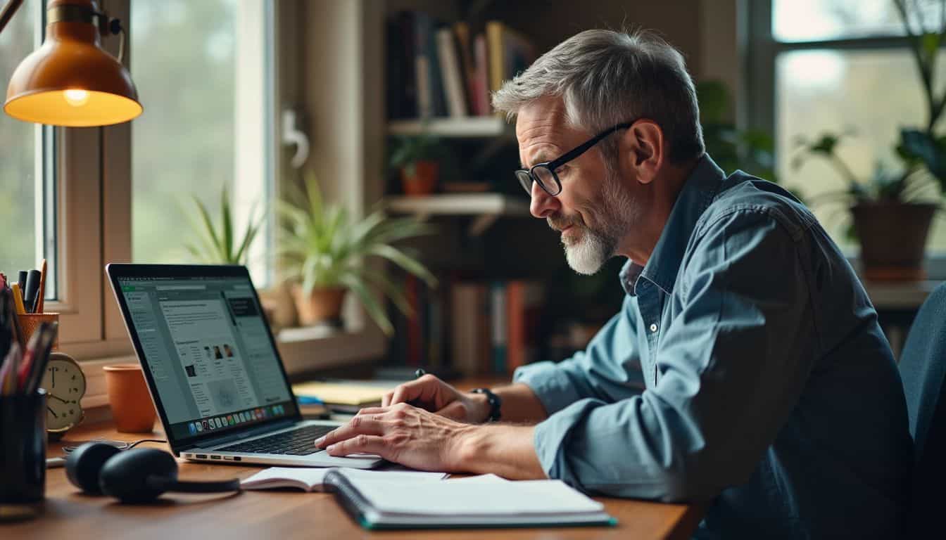 A middle-aged writer working at a cluttered desk with writing gadgets.