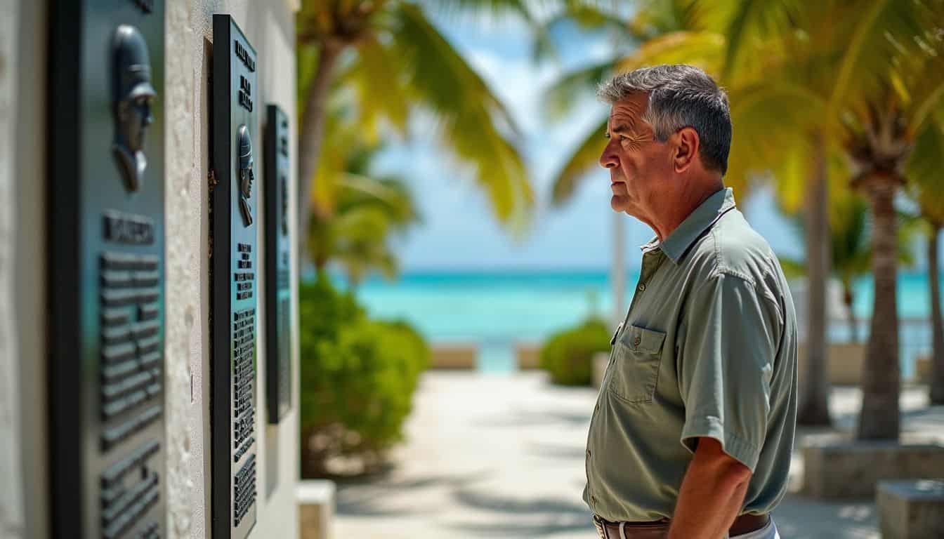 A man stands at the Bimini War Memorial, reflecting on local heroes.