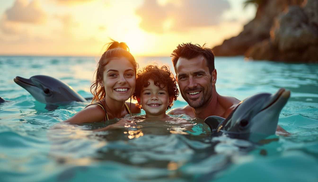 A family swims with wild dolphins in clear blue waters at sunset.