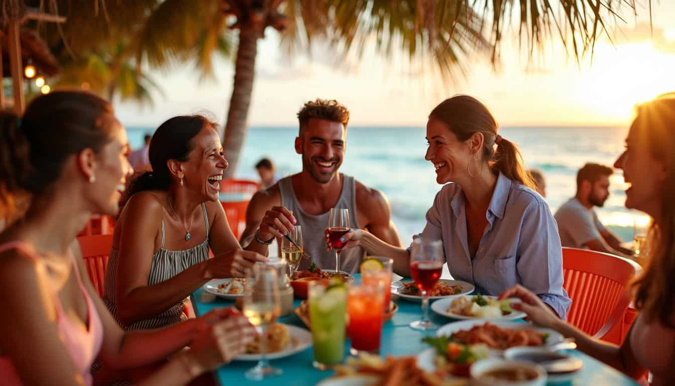 A group of people enjoying a seafood feast at a beachside restaurant.