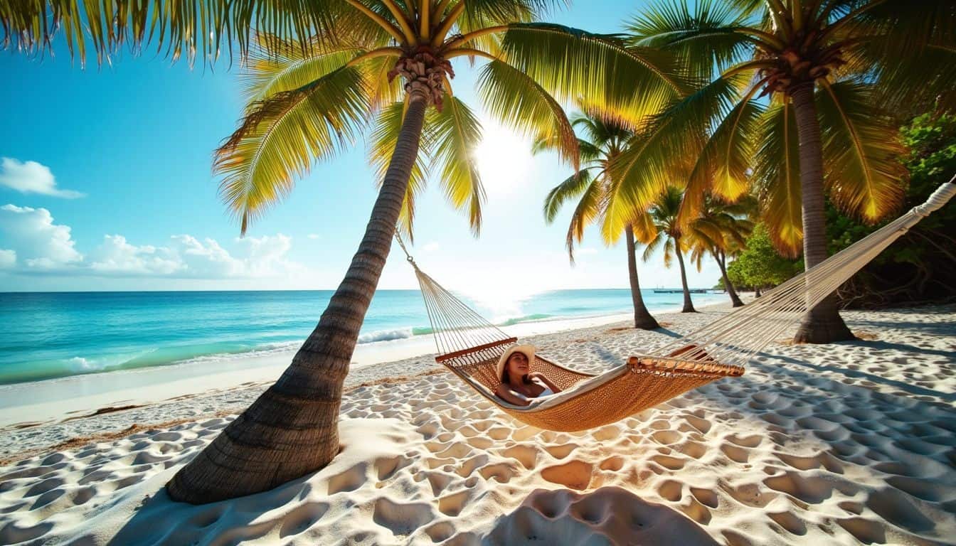 A peaceful beach scene with palm trees and hammock in Bimini.