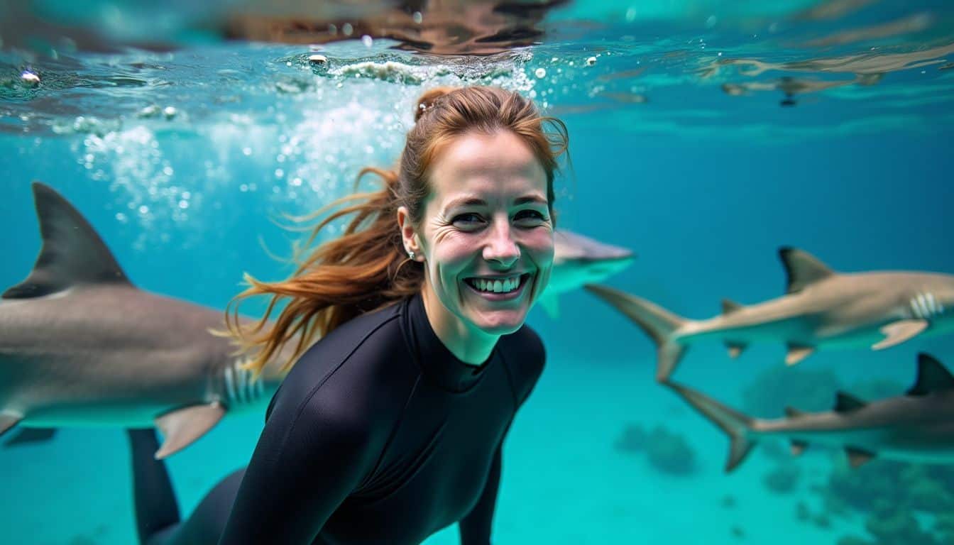 A woman in a wetsuit swimming with reef sharks.