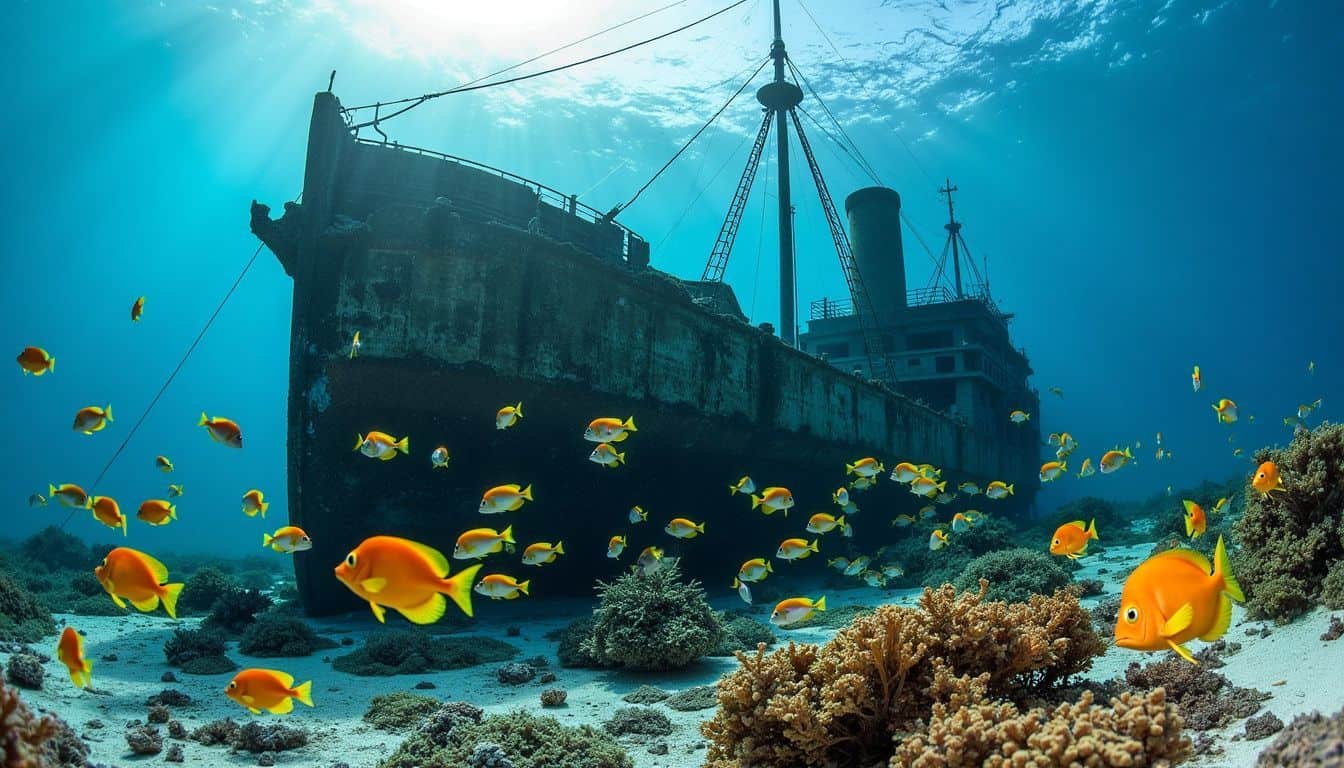 Colorful fish swim around the SS Sapona shipwreck in a tropical setting.