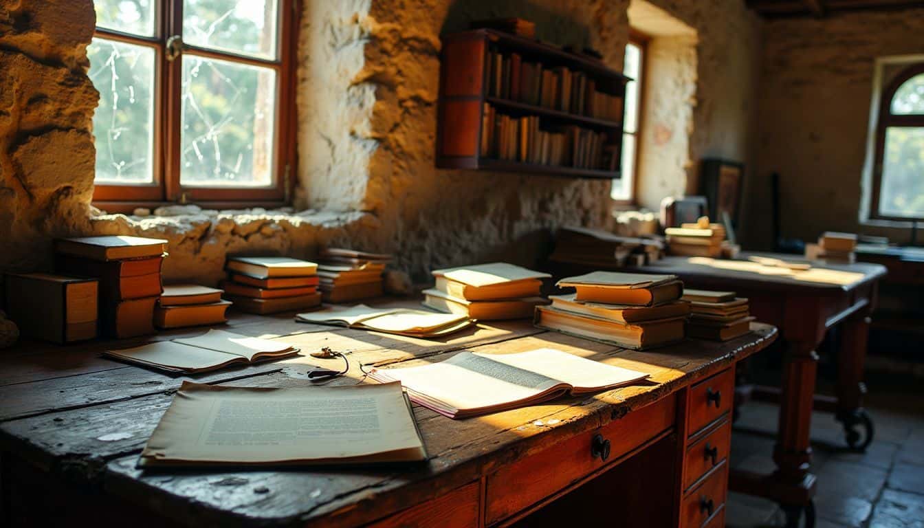 An old wooden desk at the Ernest Hemingway Ruins, filled with books and papers.