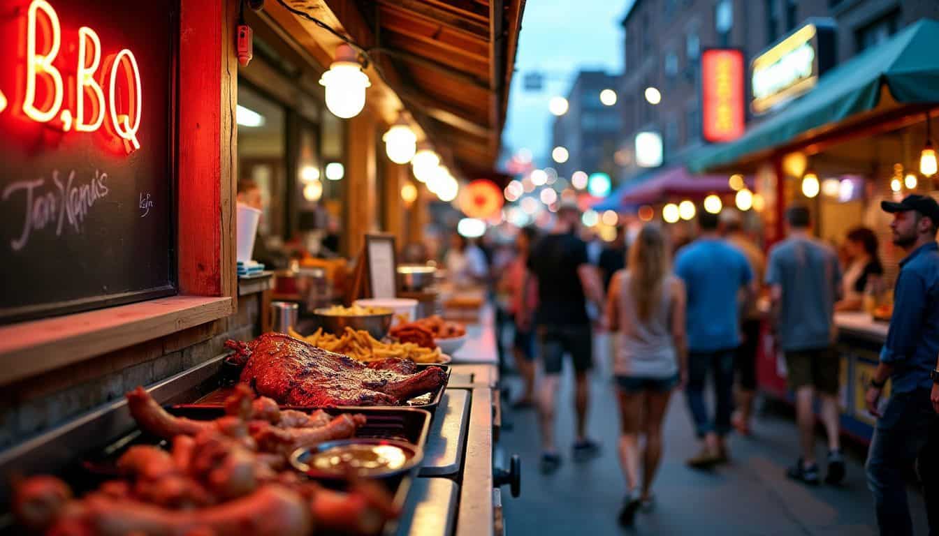 A lively street food market in Kansas City with diverse food vendors.