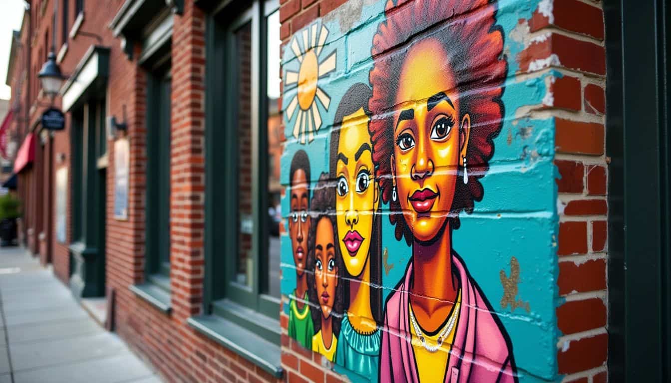 A colorful street mural in Kansas City showcases cultural diversity.