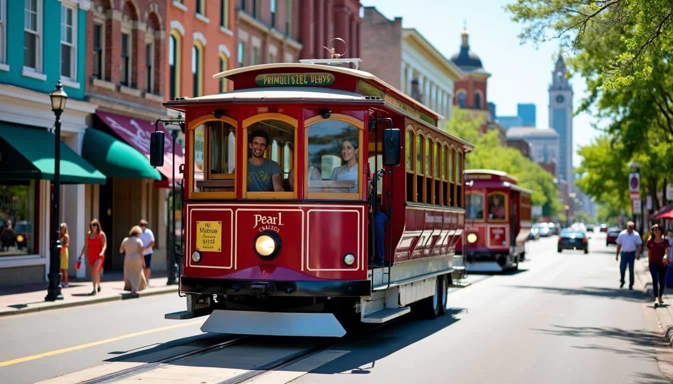 A trolley named Pearl travels through lively streets of Kansas City.