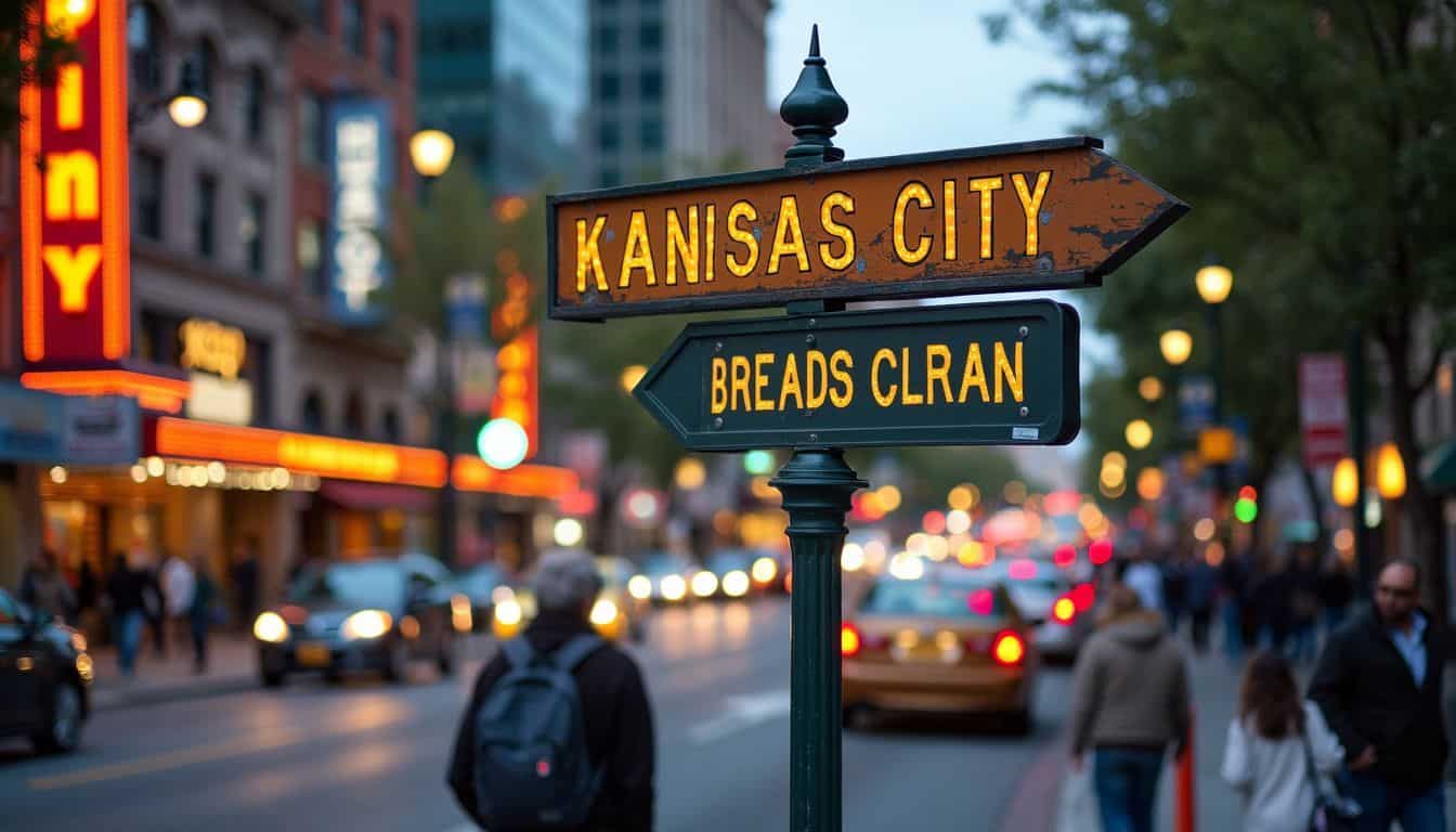 A signpost in Kansas City pointing to popular attractions in a busy street.