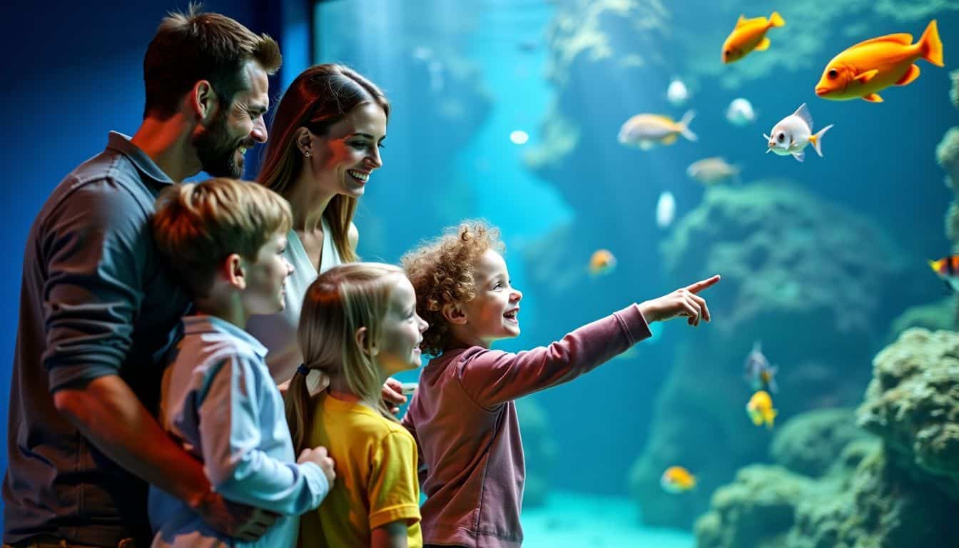 A family enjoys a visit to SEA LIFE Aquarium, watching colorful fish.