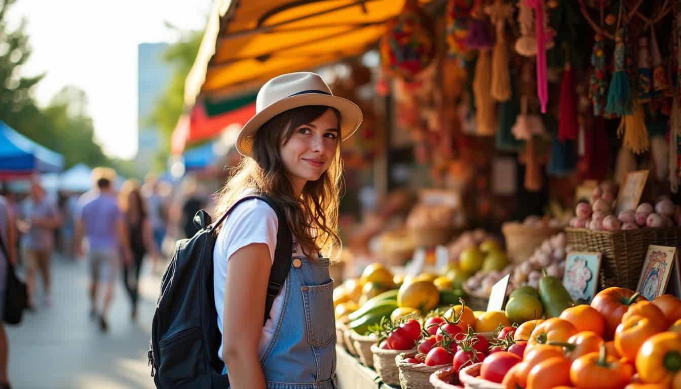 A lively outdoor market in Kansas City with colorful stalls.