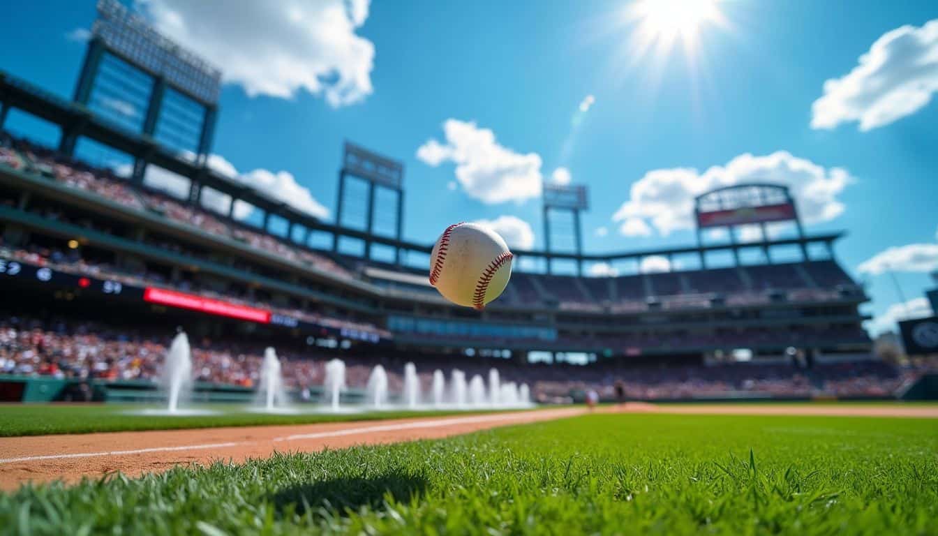 A baseball flying over Kauffman Stadium with vibrant green outfield and packed stands.