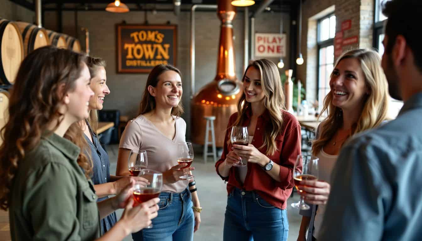 A group of women enjoying a distillery tour in downtown Kansas City.