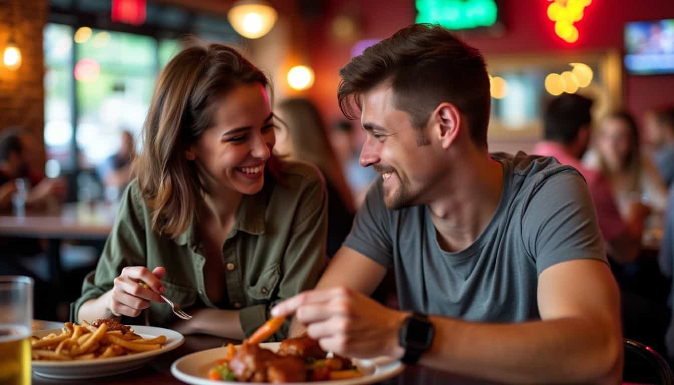 A young couple enjoying BBQ at a lively jazz club.