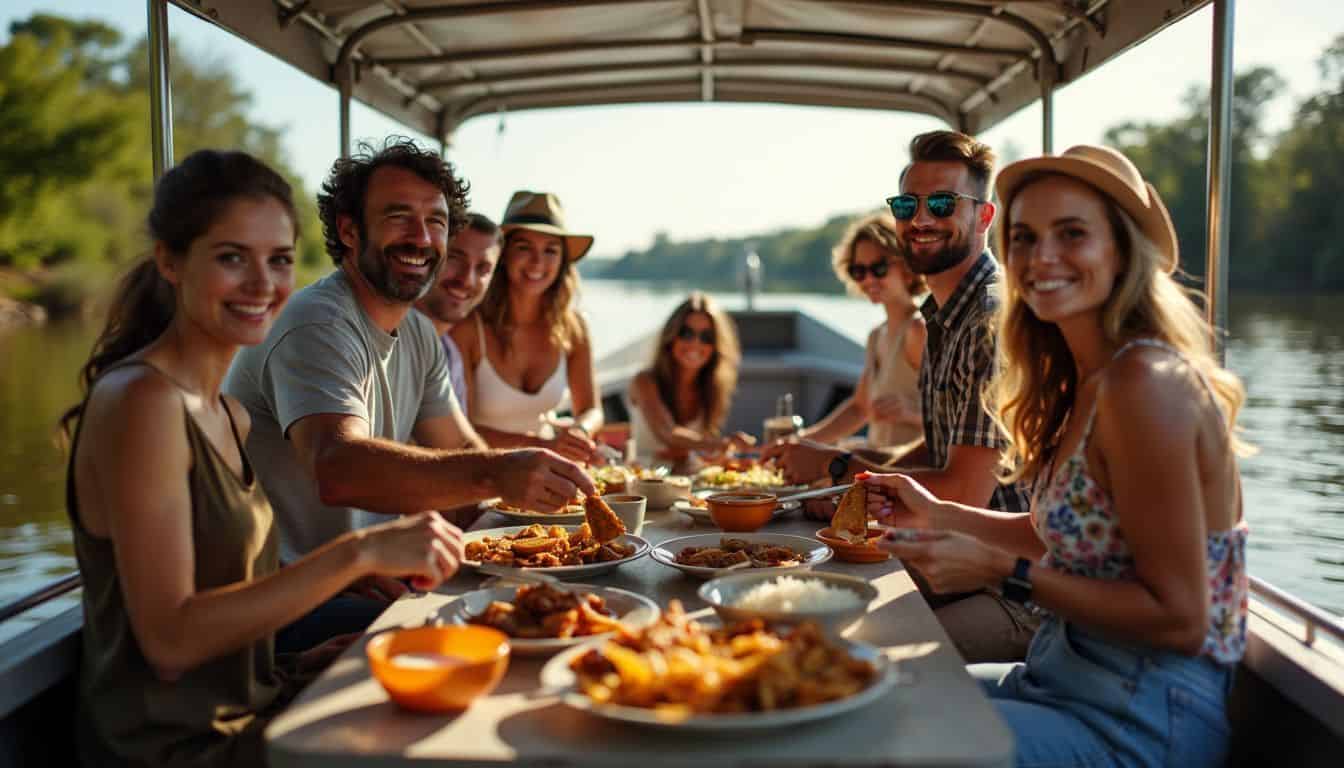 A diverse group of people enjoys a boat ride on the Mississippi River and prepares traditional Southern dishes.