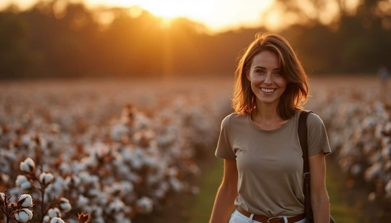 A woman explores a charming Mississippi plantation at sunset, appreciating its historical beauty.