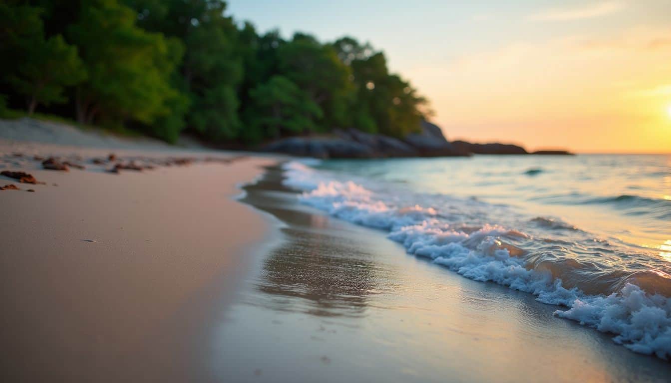 A tranquil Mississippi beach at sunset with gentle waves and lush green trees.