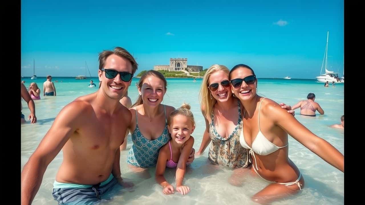 A family enjoys a sunny day at Ship Island beach in Mississippi, with historic fort and clear blue waters.