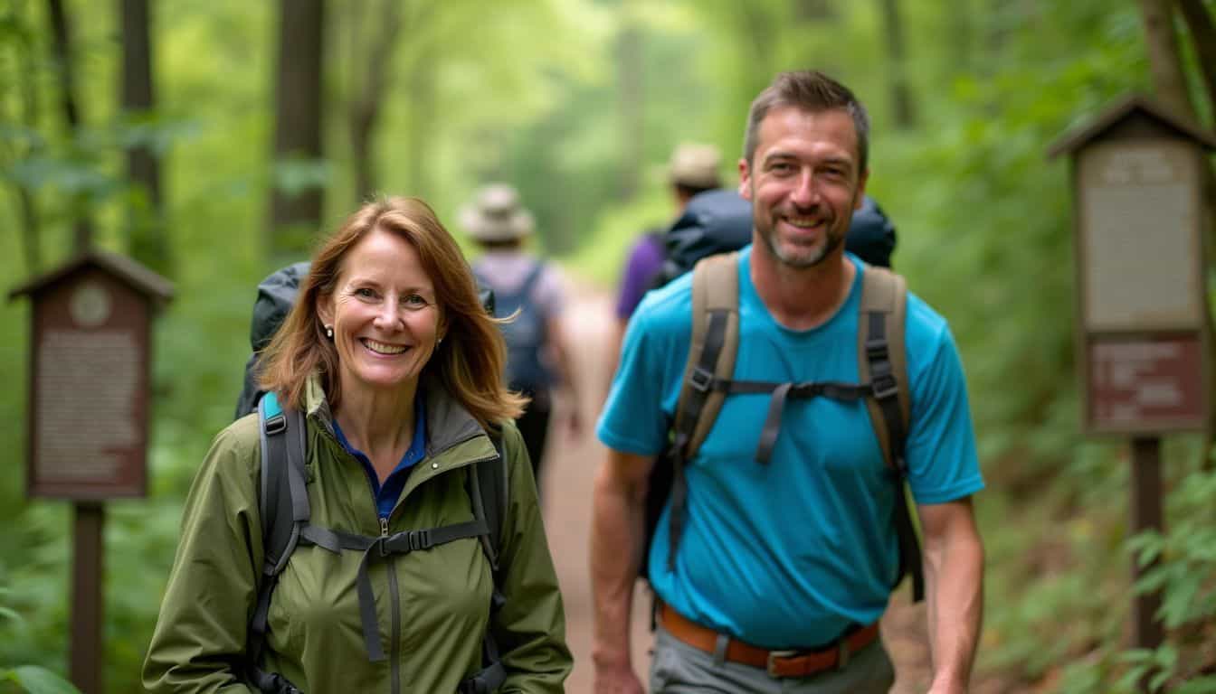 A couple in their 40s hikes on a lush forest trail at the Old Natchez Trace Parkway.