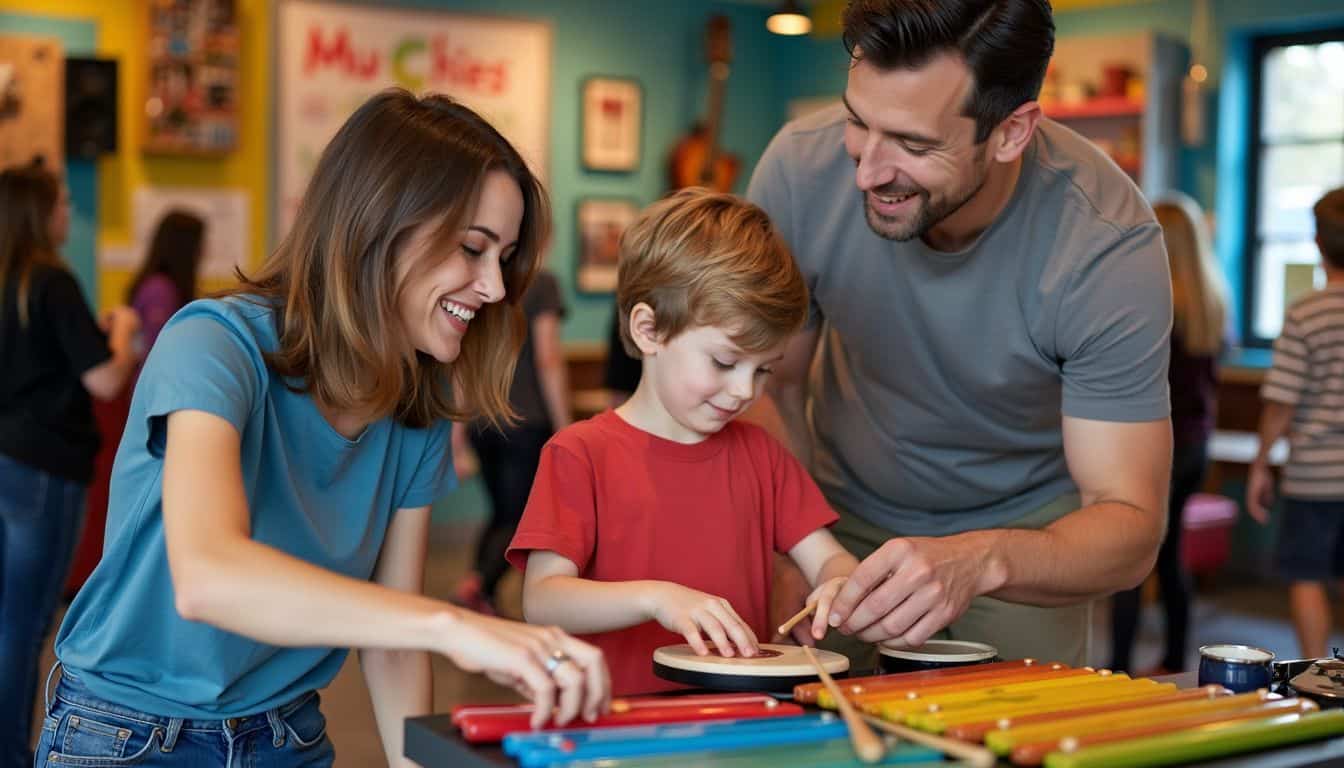 A family engages with hands-on musical exhibits in a vibrant museum.