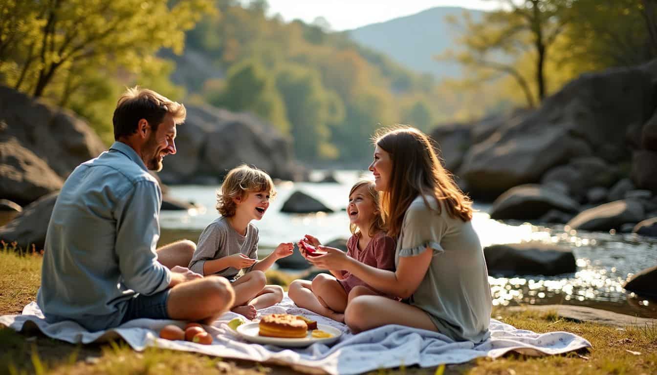 A family of four enjoys a picnic at Tishomingo State Park against the backdrop of the Appalachian foothills.