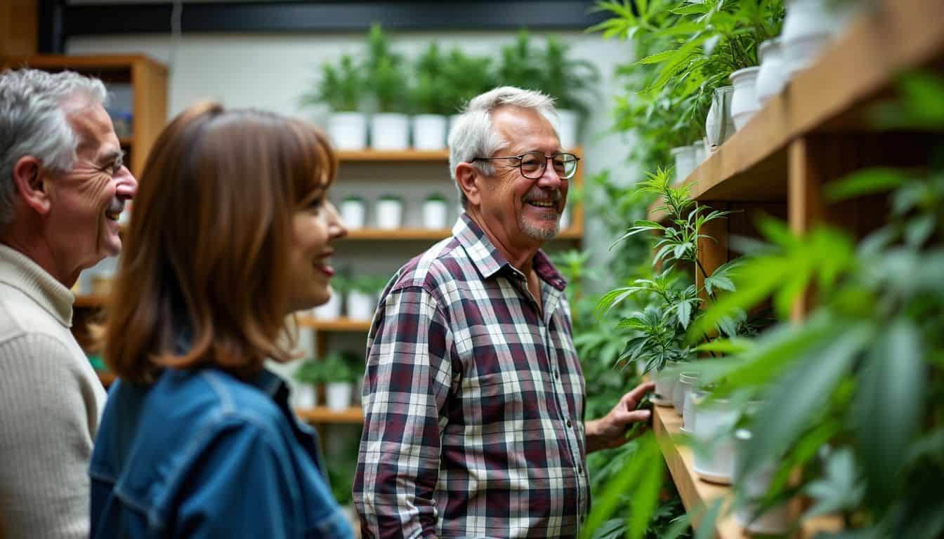 A group of middle-aged tourists visit a medical marijuana dispensary in Mississippi, showing interest and curiosity.