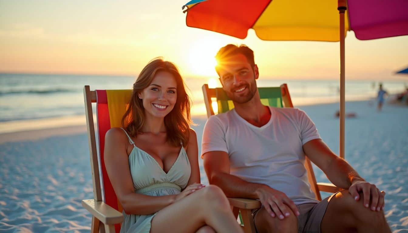 A couple in their 30s lounging on beach chairs at Biloxi Beach, enjoying a peaceful evening by the Gulf of Mexico.