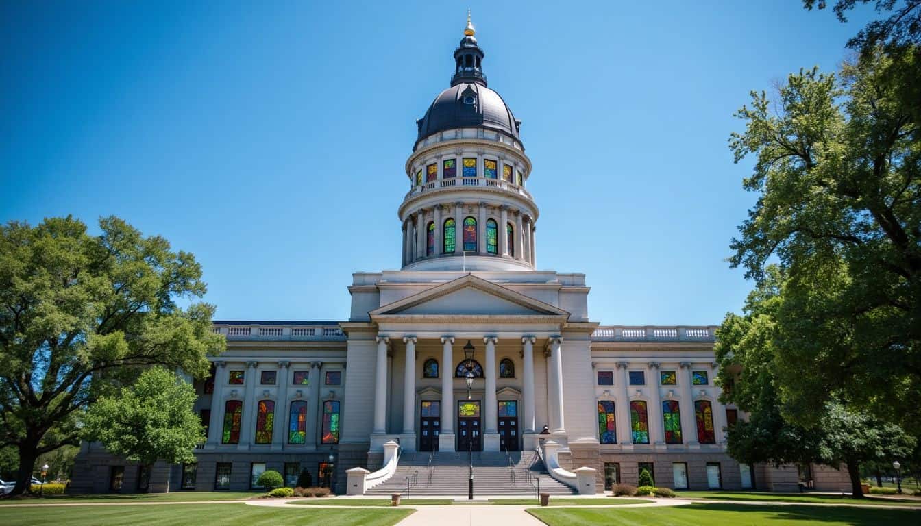 The photo shows the Mississippi State Capitol building under clear blue skies with vibrant stained glass windows.