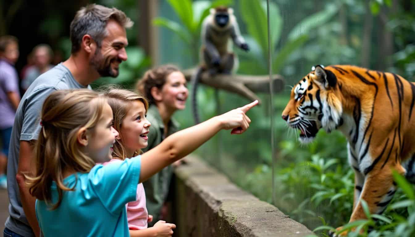 A family enjoys a lively day at the Jackson Zoo, excitedly observing animals in the African Rainforest exhibit.