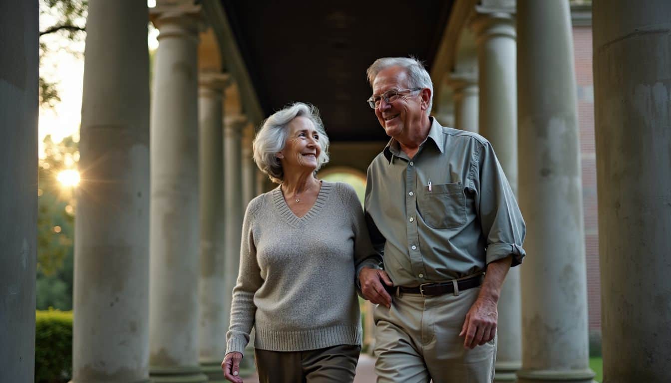 An elderly couple explores the historic Windsor Ruins at dusk, looking relaxed and engaged.