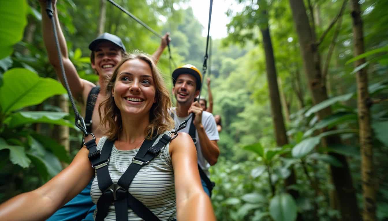 A group of young adults ziplining through the Amazon Rainforest.