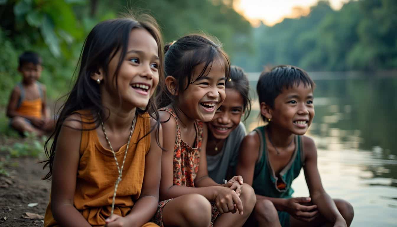 Young children in traditional attire playing by a river at dusk.