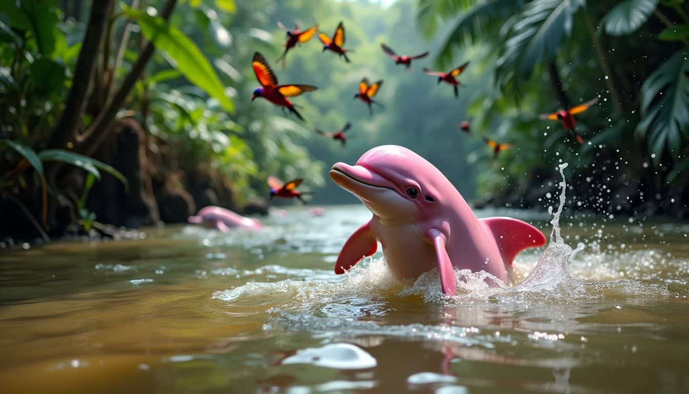 A playful pink dolphin splashes in a vibrant jungle river.