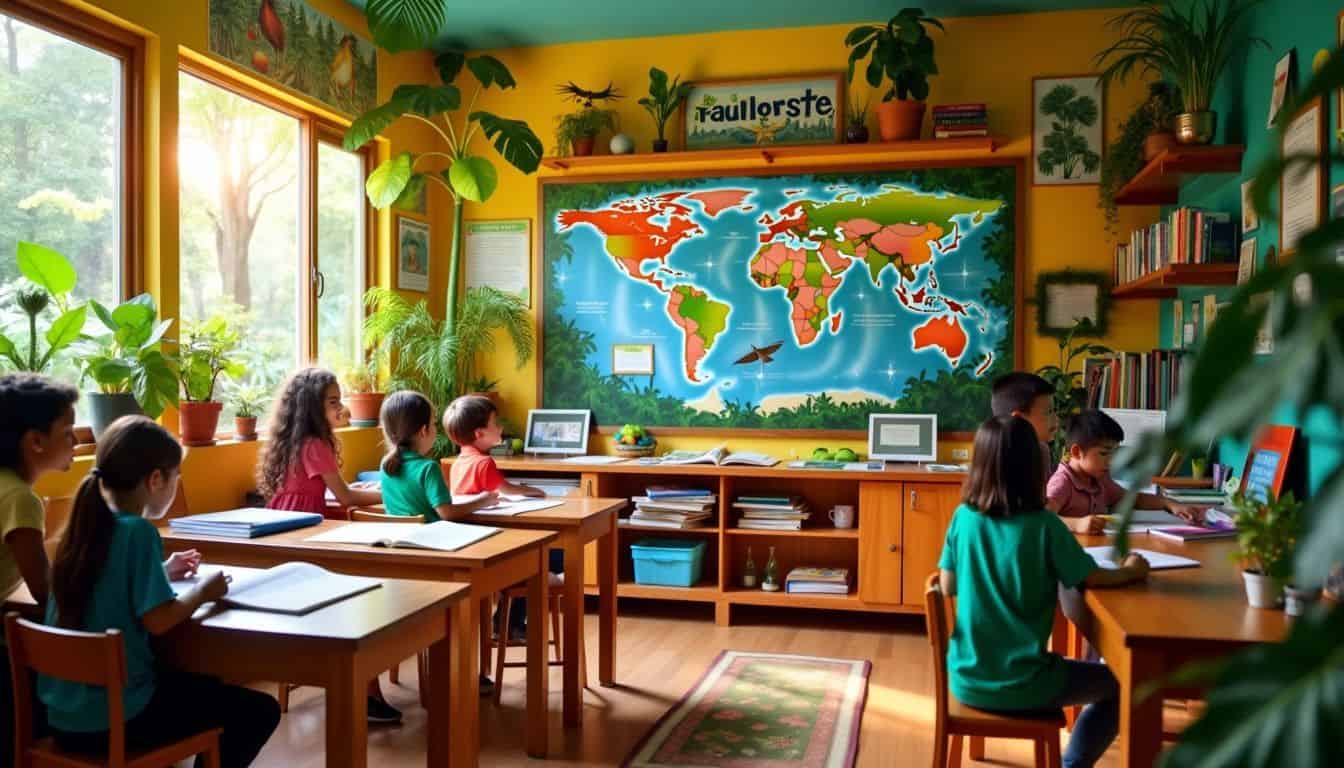 A vibrant classroom with educational materials about the Amazon rainforest.