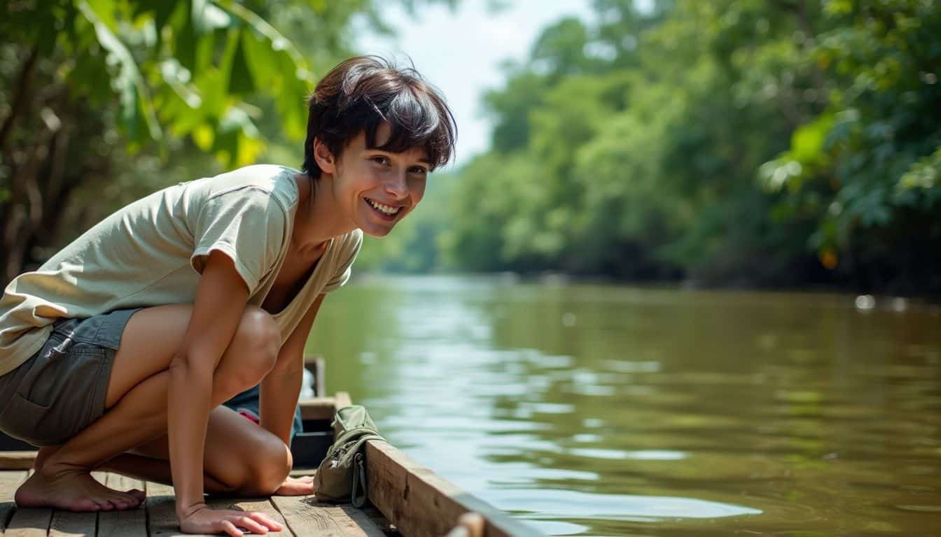 An adventurous person leans over a wooden boat, looking into the Amazon River.