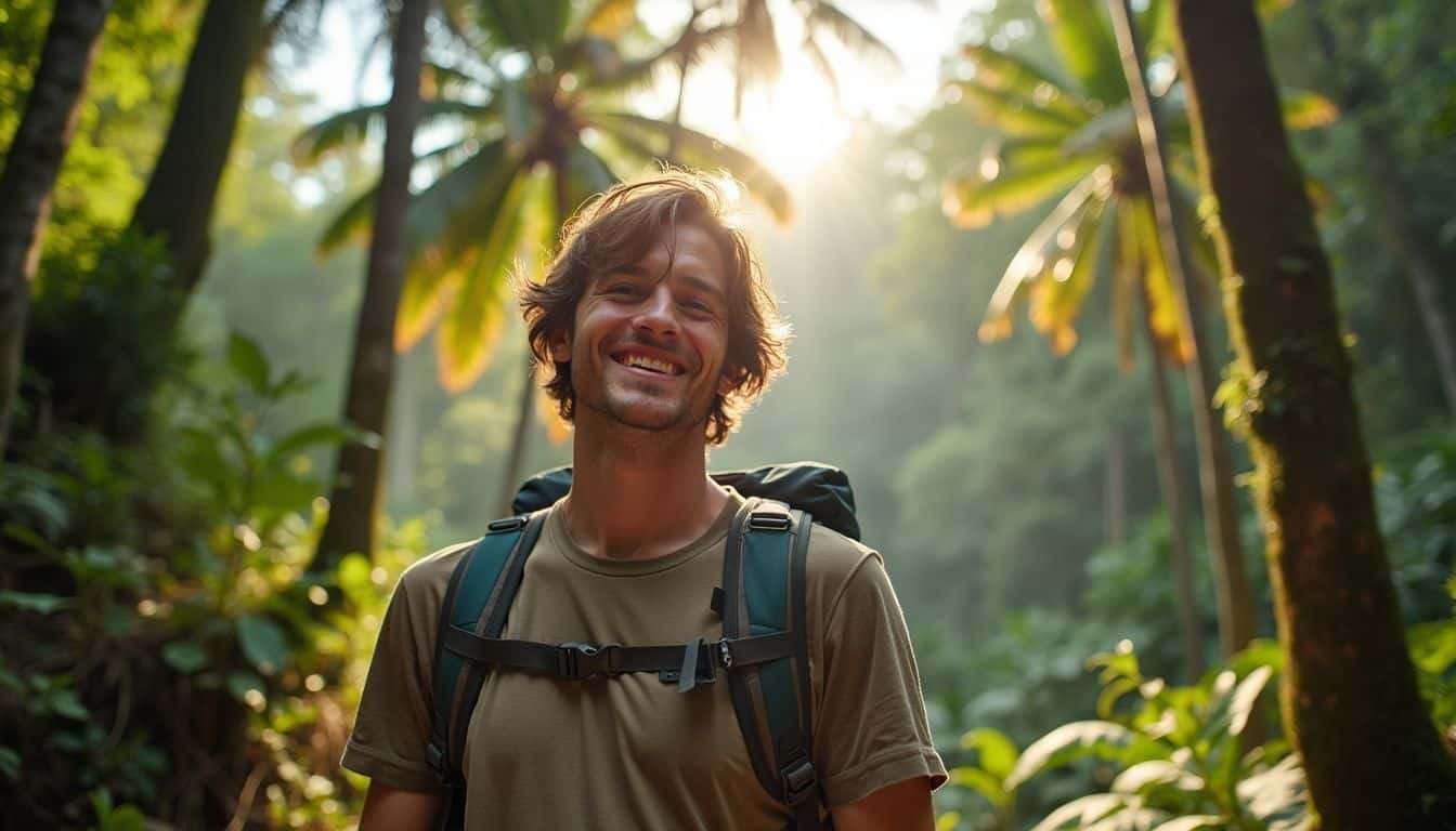 A mid-30s adventurer explores the Amazon rainforest in hiking gear.