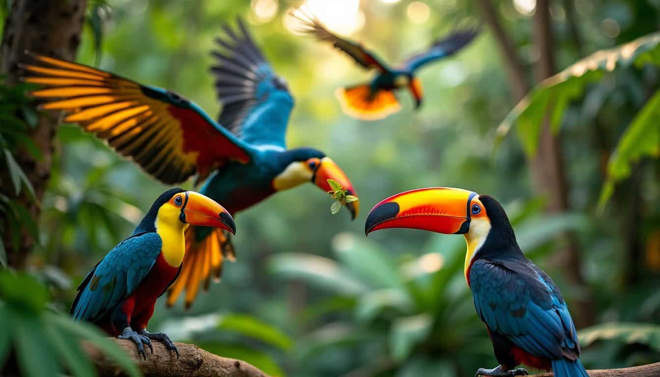 Toucans and macaws feeding and flying in the Amazon rainforest.