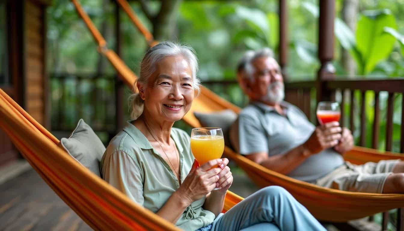 An elderly couple relaxes in hammocks in the Amazon rainforest.